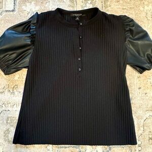 Marc New York Black Ribbed Blouse with Satin Puff Sleeves NWO6
